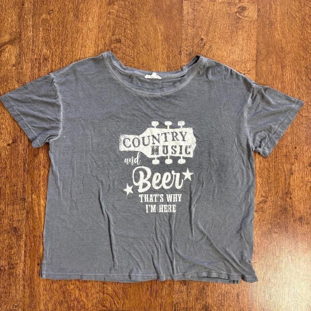 Vintage Look Cropped Country Music & Beer‎ Graphic Tee Grey Size Medium  cowgirl